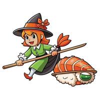Enchanting Witch Sushi Salmon Soaring with Magic Broom vector