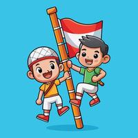 Indonesian Children Enjoying Slippery Pole Fun at Local Festival vector