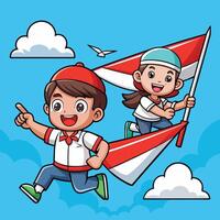 Joyous Indonesian Children Soaring with Paper Airplane Dreams vector