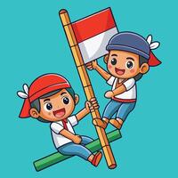 Children Playing on a Slippery Pole in Indonesia with Indonesian Flag vector