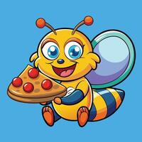 Adorable Honeybee Enjoying a Delectable Pizza Slice in Cartoon Form vector