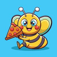 Cartoon Icon of an Adorable Honeybee Enjoying a Slice of Pizza vector