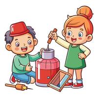Adorable Children Engaging in Playful Activity with a Bottle and Nails vector