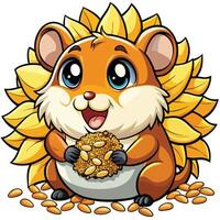 Adorable Hamster Munching on Sunflower Seeds with Overstuffed Cheeks vector