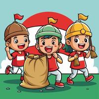 Indonesian Children Enjoying a Sack Race on Independence Day vector