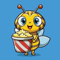 Adorable Cartoon Honeybee Savoring a Bucket of Popcorn vector