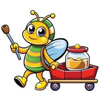 Cute Honeybee Hauling Honey Jam with a Trolley in Cartoon Style vector