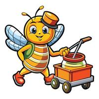 Cute Honeybee Joyfully Delivers Honey Jam in Trolley Cart Cartoon Style vector
