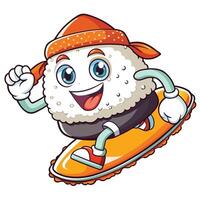 Adorable Sushi Character Surfing on Waves in Cartoon Style vector
