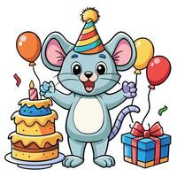 Adorable Mouse Rejoicing in a Festive Birthday Celebration Cartoon Illustration vector