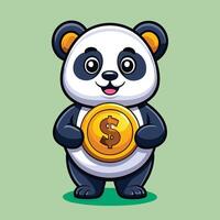 Adorable Cartoon Panda Embracing Golden Coin for Luck and Prosperity vector