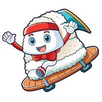 Adorable Animated Sushi Onigiri Character Surfing with Excitement vector