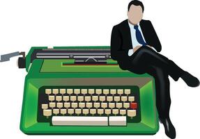 A man in a suit sitting on a green typewriter vector