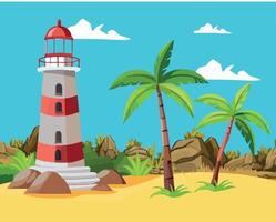 Lighthouse on the beach with palm trees and rocks vector
