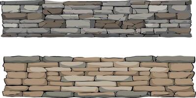 Two horizontal stone walls showing different types of stone and bricklaying techniques isolated on white vector