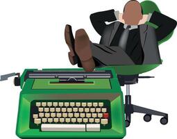 A man in a suit and tie sitting on a green chair with a typewriter vector