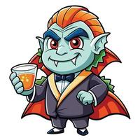 Dracula Vampire Holding Sushi Salmon with Juice Glass in Cartoon Style vector