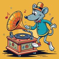 Adorable Rat Performs Whimsical Dance on Vintage Music Player with Gramophone vector