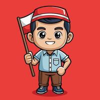 Cute Indonesian Man Character Holding National Flag in Cartoon Style vector