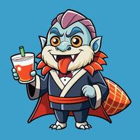 Vampire Sushi Dracula Holding Juice in Cartoonish Style vector