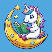 Adorable Unicorn Reads on the Moon with Delightful Cartoon Charm vector