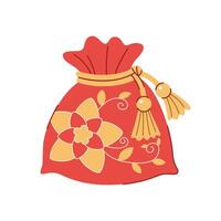 Chinese New Year money pocket. Lucky bag of coins, decorated with a pattern and tied with a tassel string. White background. vector