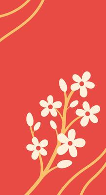 Red vertical background with beautiful tree branch with flowers and golden stripes. Template for Chinese New Year and other holidays.