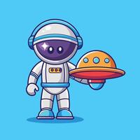 Adorable Astronaut Floating with a UFO Balloon in Cartoon Style vector