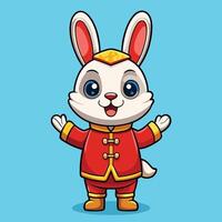 Adorable Cartoon Chinese Rabbit Icon with Greeting Gesture vector