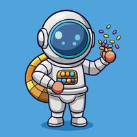 Adorable Astronaut Dressed in Space Suit Holding Colorful Confetti Particles vector