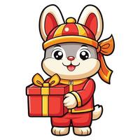 Adorable Chinese Rabbit Holding a Gift Box in Cartoon Style Image vector