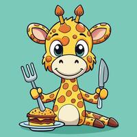 Amusing Giraffe Savoring a Burger with Cutlery in a Delightful Escapade vector