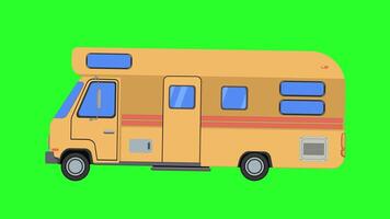 Camper van caravan car 2D cartoon seamless loop animation, mobile motor home on wheels. Green background video