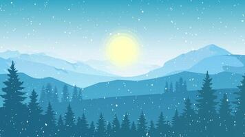 Snow falling on a forest in the mountain. Winter snowy sunny weather landscape background. Seamless loop animation video