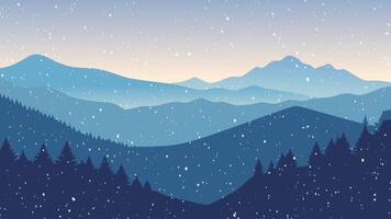 Snow falling on a forest in the mountain. Winter snowy landscape background. Seamless loop animation video