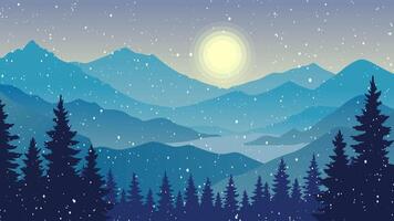 Snow falling on a forest in the mountain. Winter snowy blue landscape background. Seamless loop animation video
