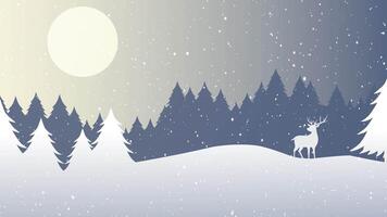 2d animation, Christmas Landscape beautiful moon in the sky Background 4K Snowy mountain winter landscape with snow flakes and a deer, Seamless loop animation video