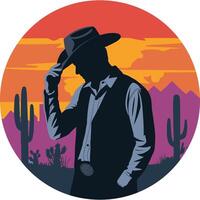A cowboy in a hat and vest standing in the desert vector