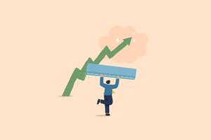Measuring Business Growth and Profit. An illustration of a businessman holding a giant ruler with a green arrow graph in front symbolizing growth. vector