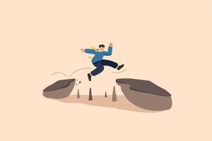 Error and 404 Man Jump Illustration. a man mid-jump over a gap between cliffs, symbolizing bravery, determination, and overcoming challenges. vector