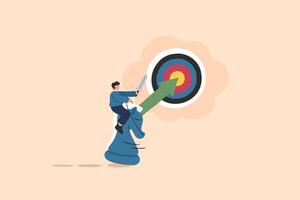 Strategic Aim and Target Achievement. Strategic Planning. A green arrow points directly at the bullseye of the target. vector