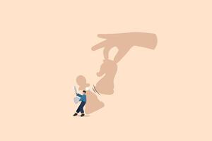 Facing Business Challenges. A Businessman with Sword and Shield Hiding Behind a Pawn, While a Giant Hand Holds a Chess Knight vector