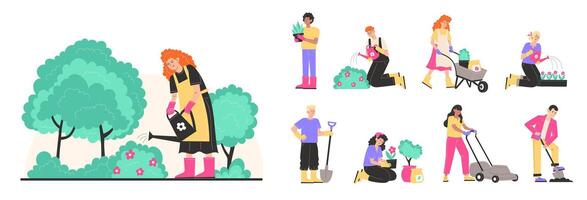 Set of human characters working in the garden vector