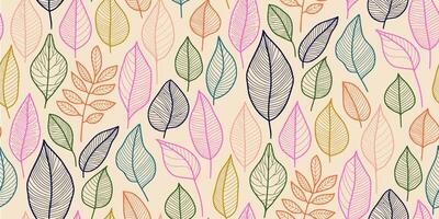 Seamless pattern of stylized leaves outlined in vibrant colors on a soft beige background with unique leaf shapes and simplistic designs. Ideal for textiles, wallpapers, and digital design projects. vector