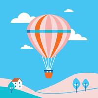 hot air balloon is flying over a field of trees vector