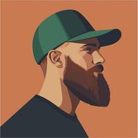 Profile View of a Bearded Man Wearing a Green Cap. Illustration. Minimalist Illustration . vector
