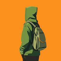 Back view of a person wearing a green hoodie and a backpack, standing against a vibrant orange background. vector