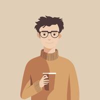 Portrait of a Young Man with Coffee in Hand, Wearing a Turtleneck Sweater. Illustration. Minimalist Illustration . vector