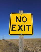 A square, yellow, no exit sign, on a post against a blue sky. photo