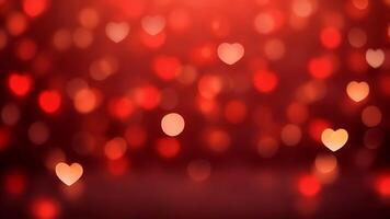 Red hearts and bokeh lights motion for Valentines day greeting love . Abstract romantic looped animation on dark red background video